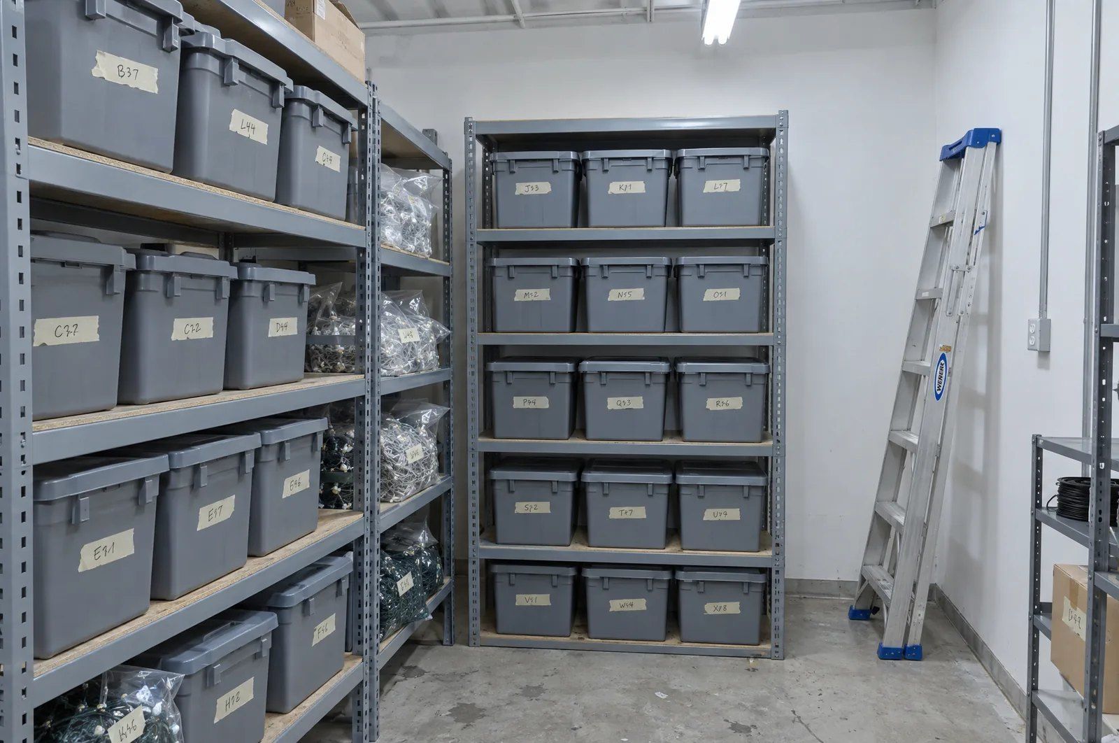 Labeled storage bins of lights on shelves