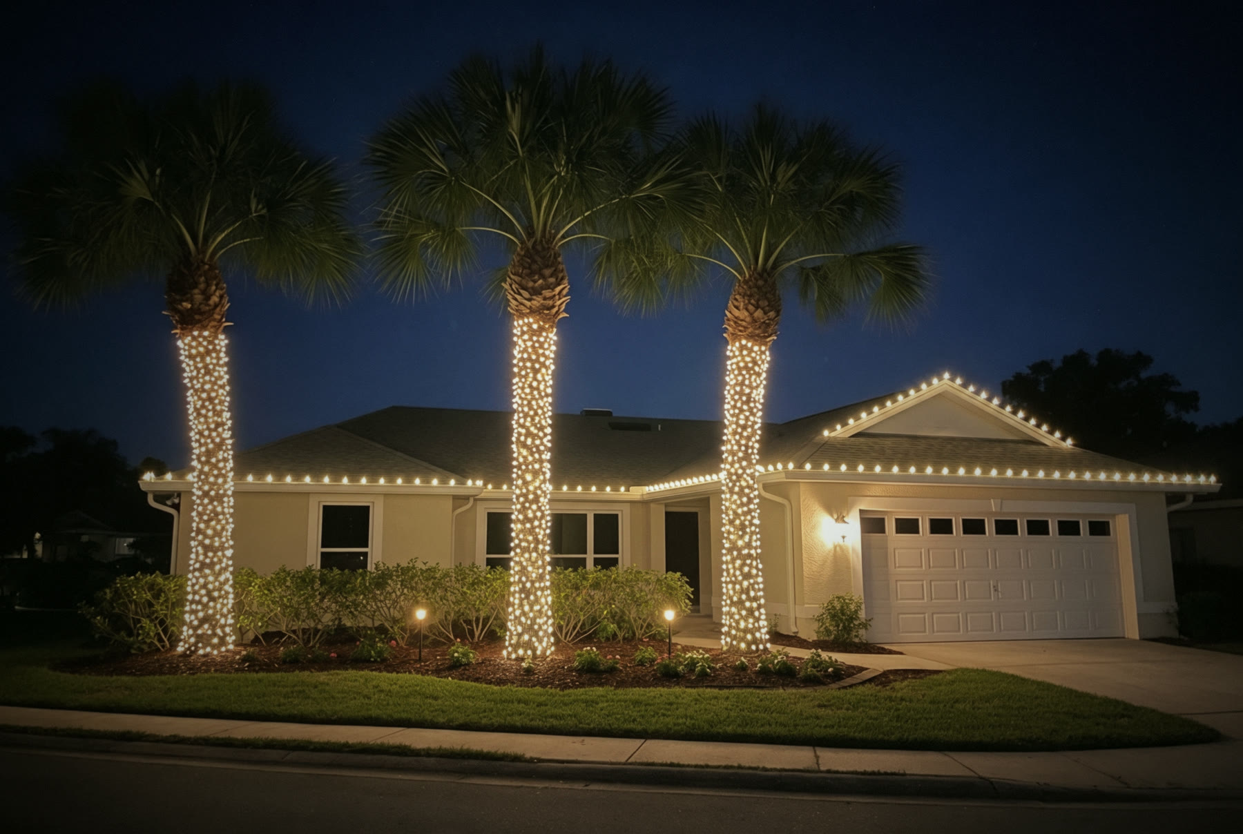 Single-story home: Palm trunks and C9 roofline - Christmas lighting design reference