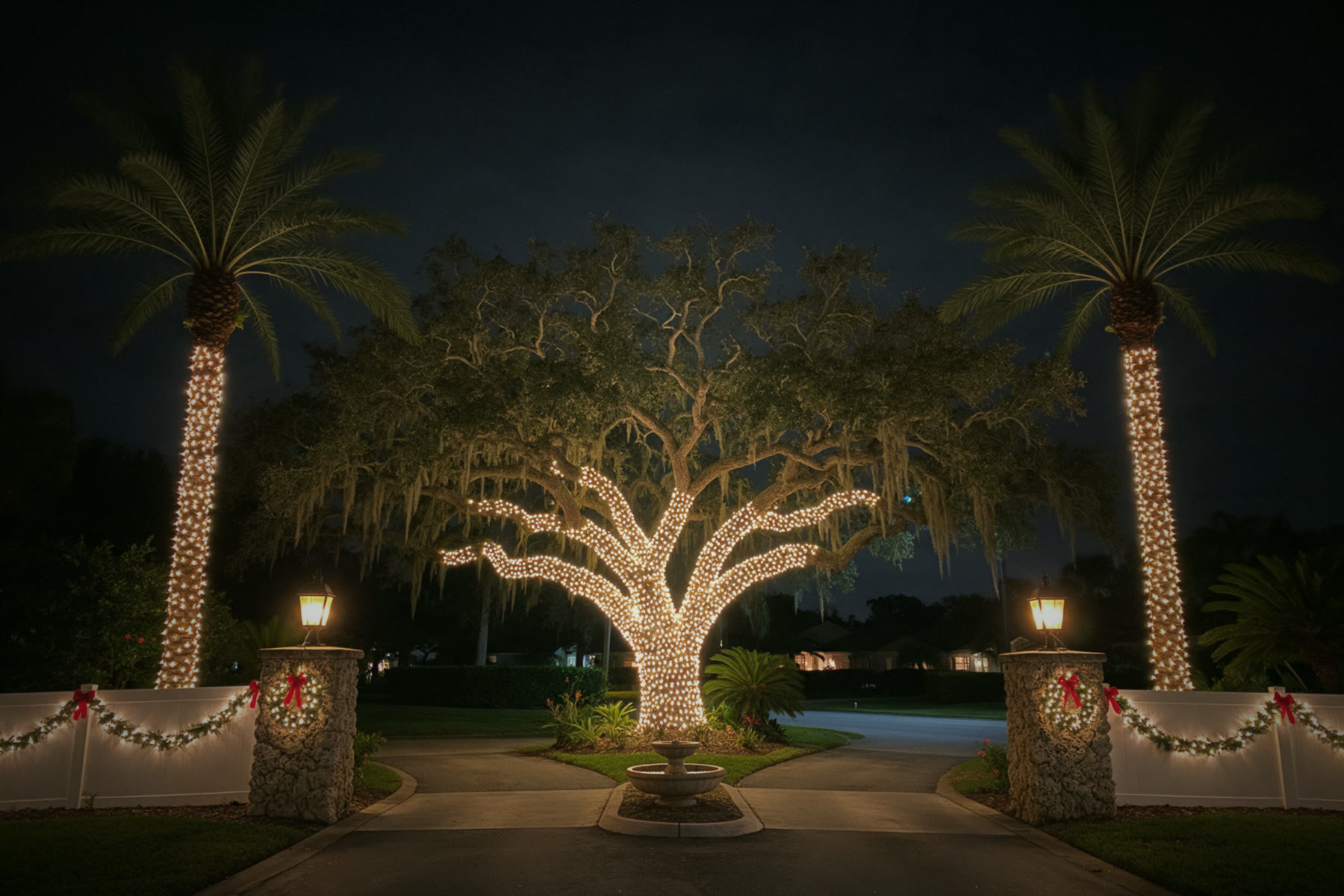 Community entrance: Live oak, date palms, fence garland - Christmas lighting design reference