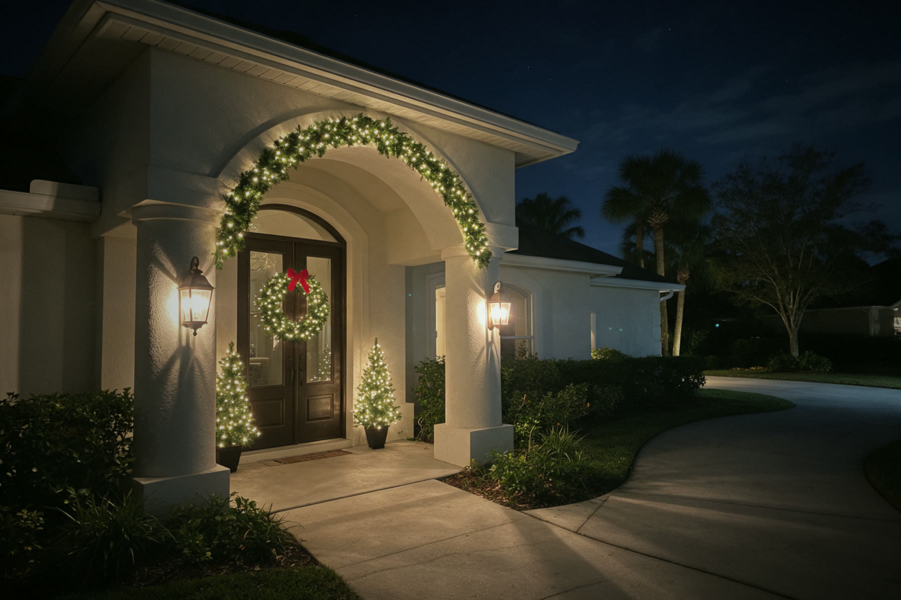 Front entry: Garland arch, wreath, pre-lit trees - Christmas lighting design reference