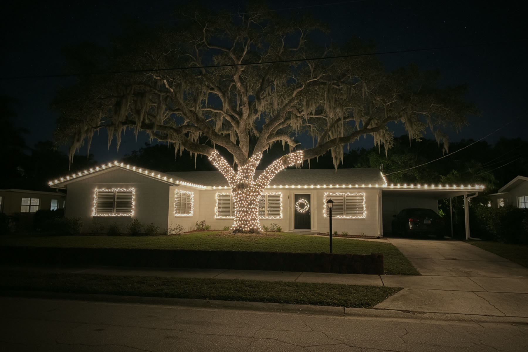 1960s ranch: Live oak limbs, roofline, windows - Christmas lighting design reference