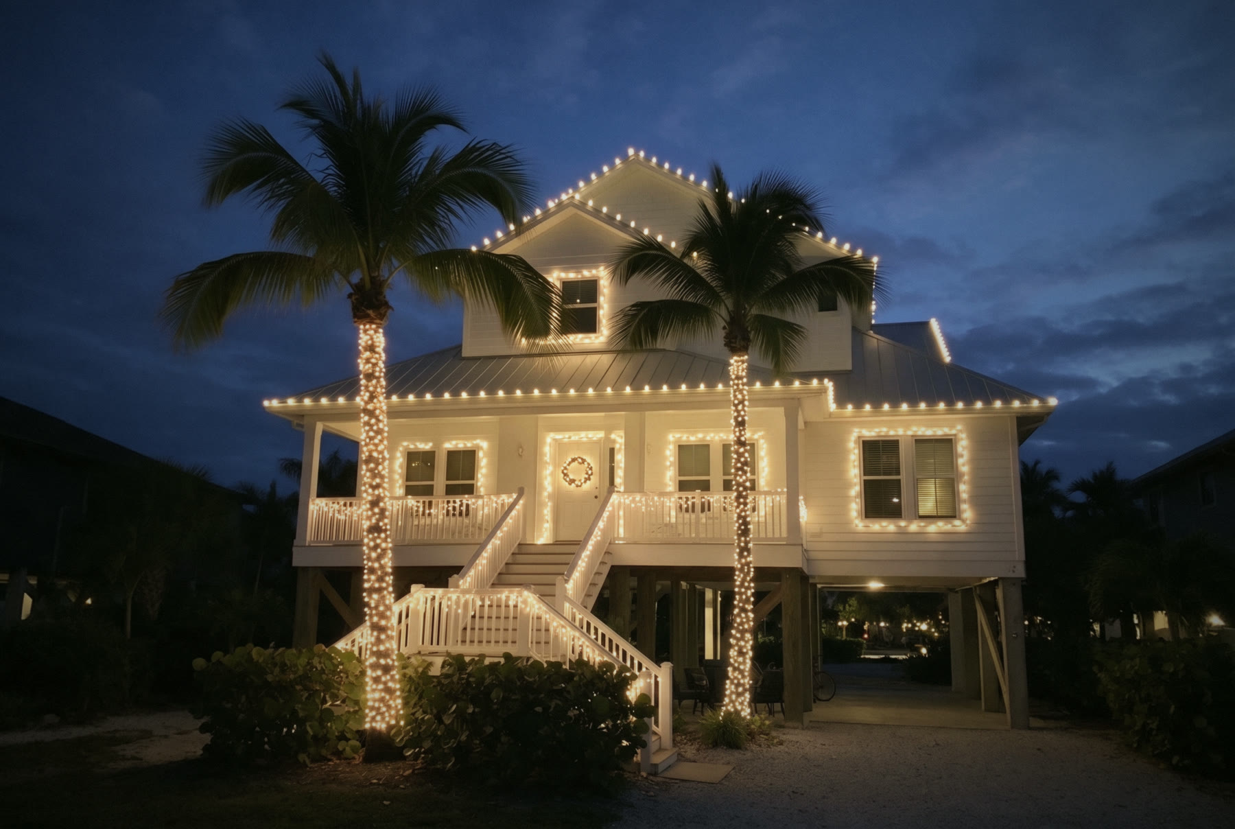 Beach house on pilings: Roofline, windows, railings, two palms - Christmas lighting design reference